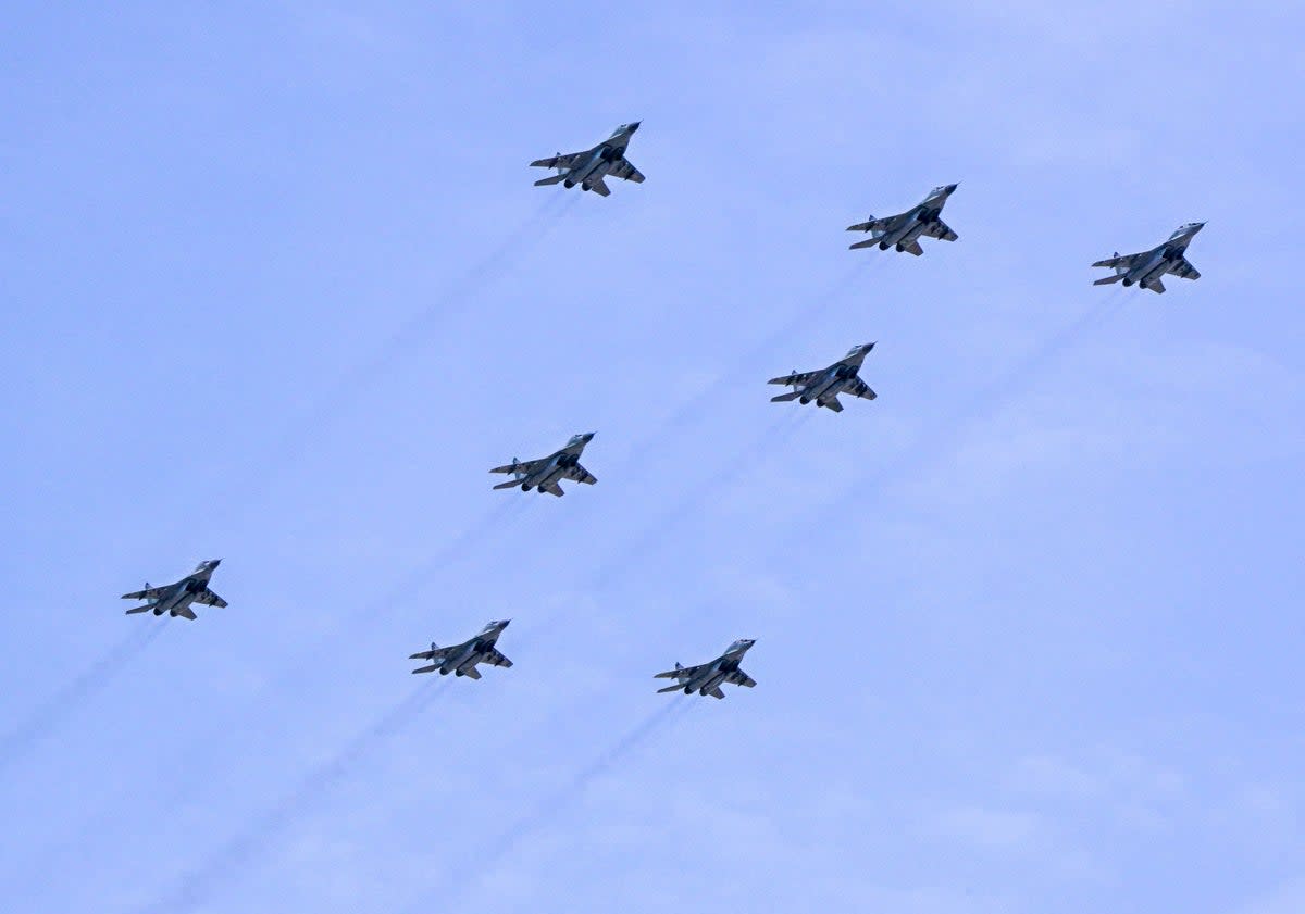 File: Russian MiG-29SMT jet fighters forming the symbol ‘Z’ in central Moscow  (AFP via Getty Images)