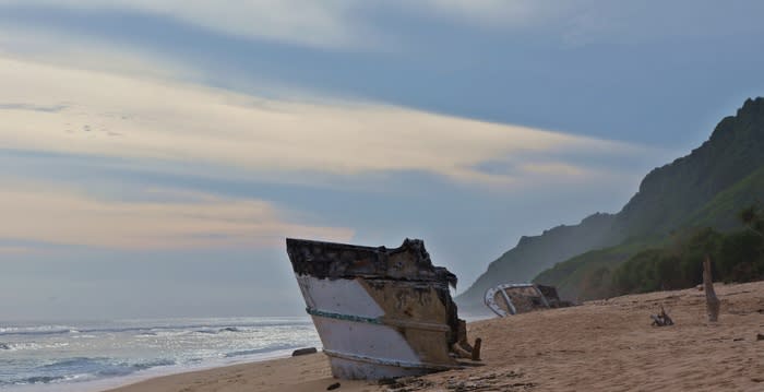 Another surprise: Wandering ever westward, my delight was again inflamed by two parts of what was once one ship, once the vessel of a fisherman, the letters inscribed on its dismal bow recalling the misty coasts of far-off China.