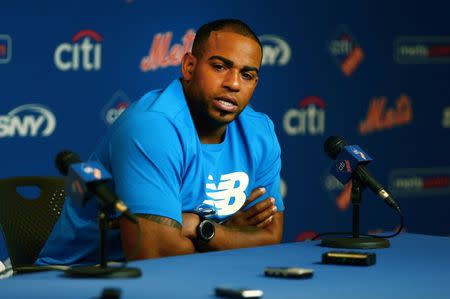 FILE PHOTO: Jul 25, 2018; New York City, NY, USA; New York Mets outfielder Yoenis Cespedes addresses the media in a press conference announcing he will undergo surgery prior to the game between the the San Diego Padres and the New York Mets at Citi Field. Mandatory Credit: Andy Marlin-USA TODAY Sports