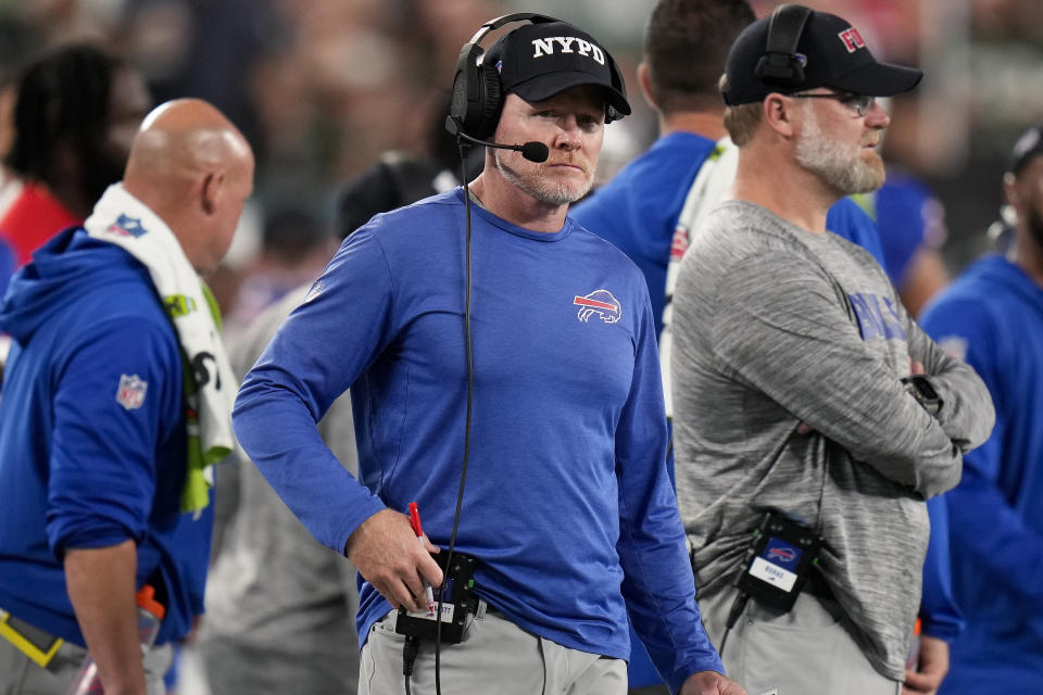 Buffalo Bills head coach Sean McDermott watches play against the New York Jets during the second quarter of an NFL football game, Monday, Sept. 11, 2023, in East Rutherford, N.J. (AP Photo/Seth Wenig)