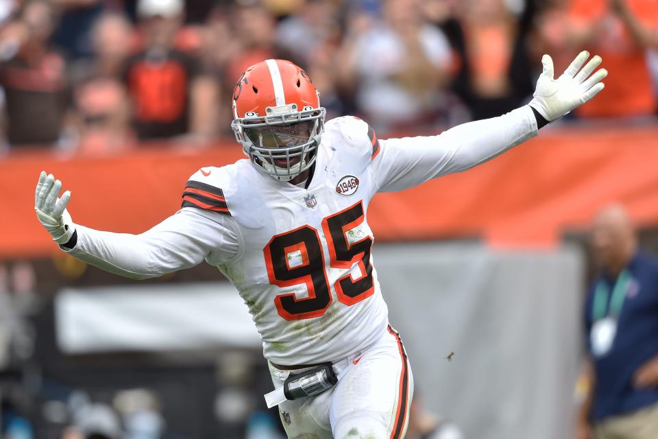 Cleveland Browns defensive end Myles Garrett celebrates after sacking Chicago Bears quarterback Justin Fields during a Sept. 26, 2021 game.