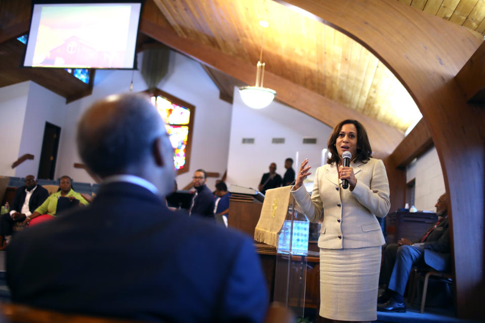 Democratic presidential candidate U.S. Sen. Kamala Harris (D-CA) speaks to parishioners at Corinthian Baptist Church on August 11, 2019 in Des Moines, Iowa.  (Photo by Justin Sullivan/Getty Images)