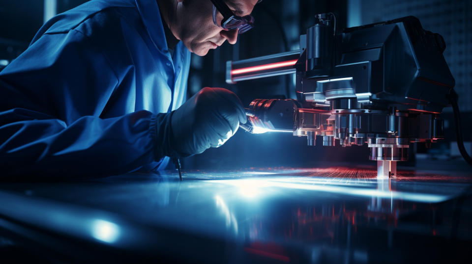 A close-up of a technician calibrating a laser beam.