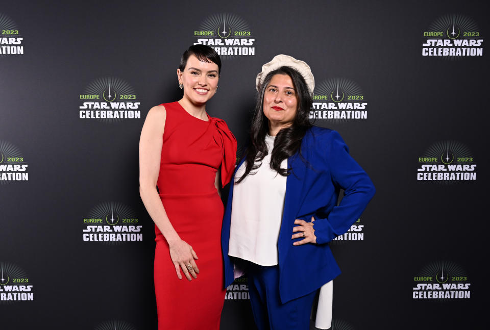 LONDON, ENGLAND - APRIL 07: Daisy Ridley and Sharmeen Obaid-Chinoy attend the studio panel at Star Wars Celebration 2023 in London at ExCel on April 07, 2023 in London, England. (Photo by Jeff Spicer/Getty Images for Disney)