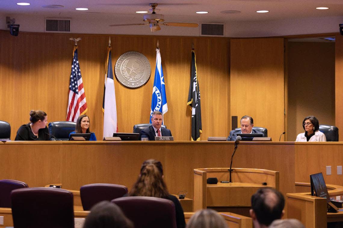 County judge Tim O’Hare adjourns the Elections Commission for executive session on Tuesday at the Tarrant County Administrative Building in Fort Worth. The commission voted to confirm the resignation of Tarrant County elections chief Heider Garcia.