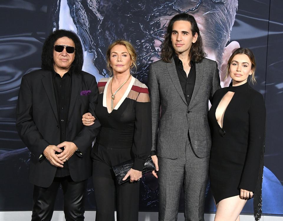 Gene Simmons, Shannon Tweed, Nick Simmons, and Sophie Simmons arrives at the Premiere Of Columbia Pictures' "Venom" at Regency Village Theatre on October 1, 2018 in Westwood, California.