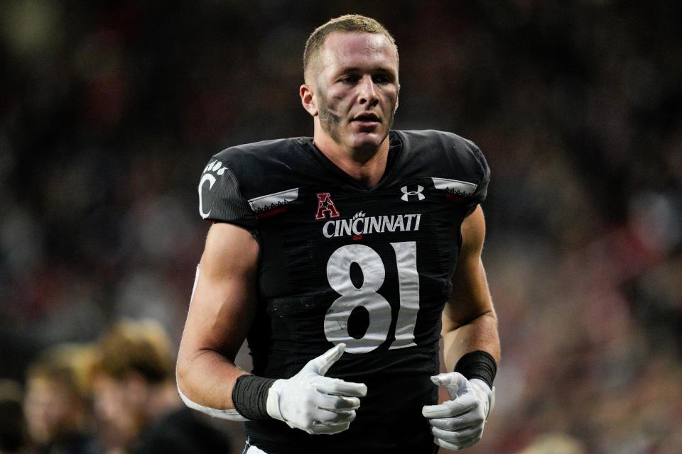 Cincinnati tight end Josh Whyle ends his Cincinnati career with 15 touchdowns, the most career scores by a tight end in program history.
