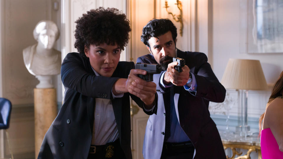 Emmy Raver-Lampman and Bobby Naderi play FBI agents in The Beekeeper. (Sky Cinema/Amazon MGM Studios)