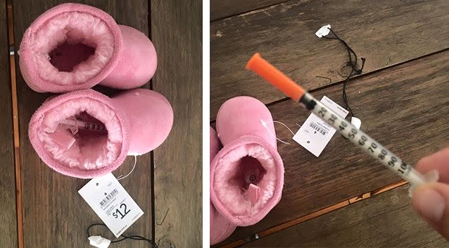 Images posted to Facebook showed a pair of pink children's boots and the syringe allegedly found within one of them. Photo: Suzi Meyer/Facebook