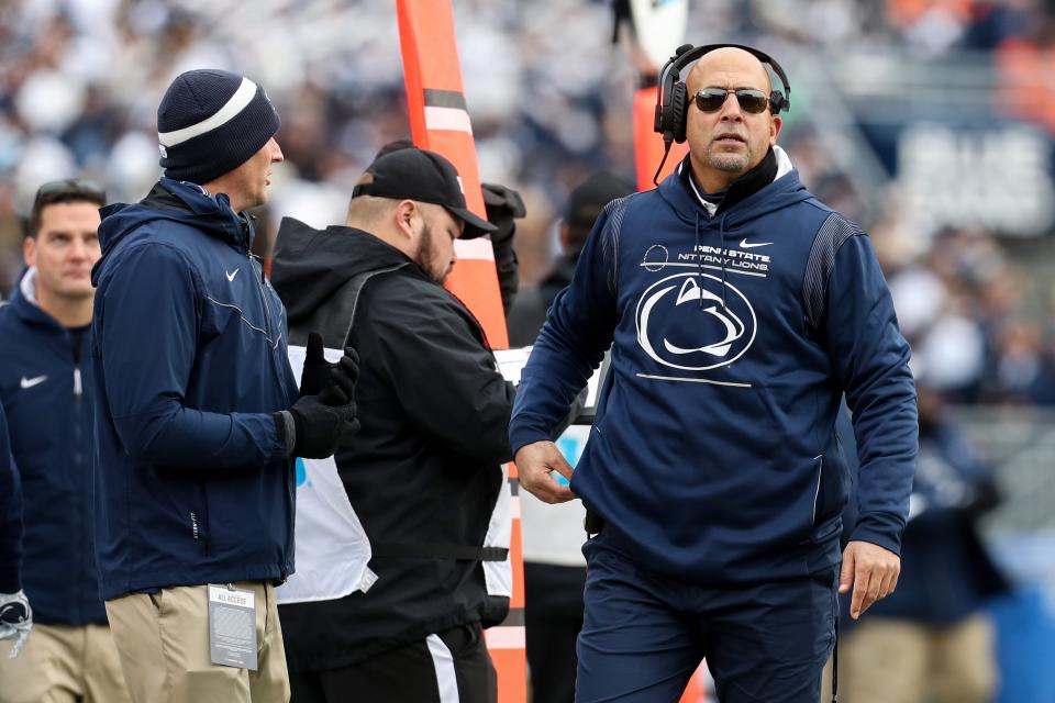 Nov 20, 2021; University Park, Pennsylvania, USA; Penn State Nittany Lions head coach James Franklin looks on from the sideline during the third quarter against the Rutgers Scarlet Knights at Beaver Stadium. Penn State defeated Rutgers 28-0. Mandatory Credit: Matthew OHaren-USA TODAY Sports