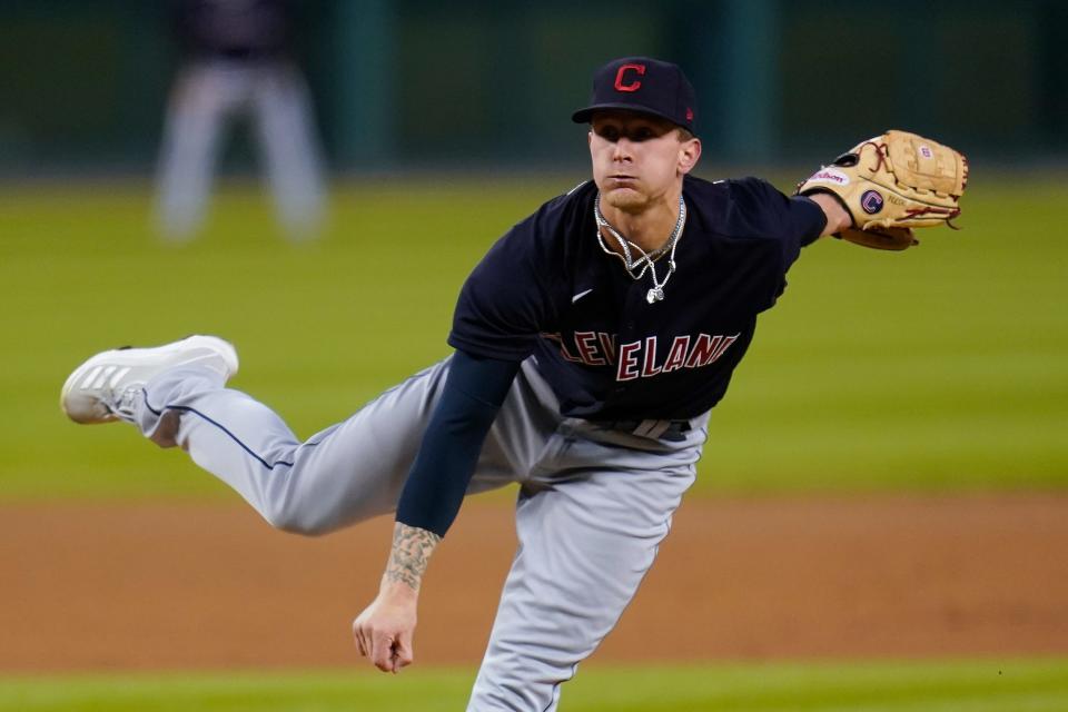 Indians pitcher Zach Plesac throws against the Tigers in the second inning at Comerica Park on Friday, Sept. 18, 2020.