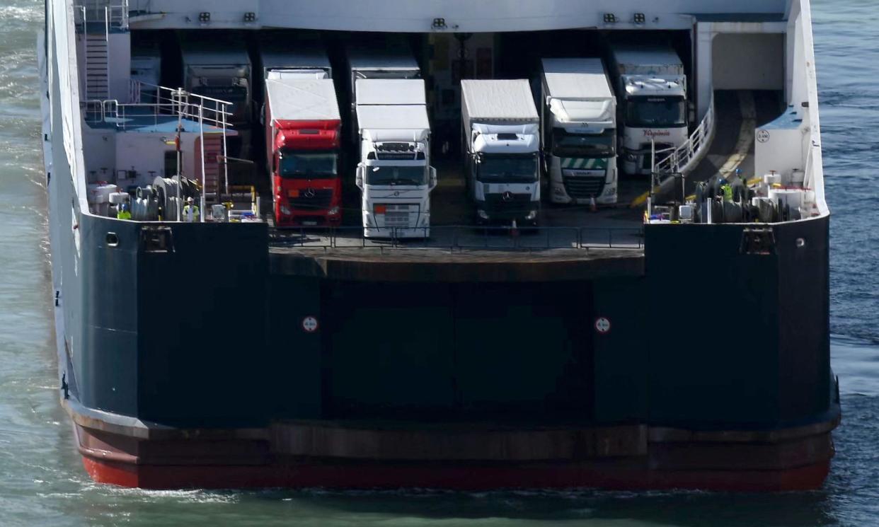 <span>Freight lorries onboard a cross-Channel ferry as it prepares to dock at the Port of Dover.</span><span>Photograph: Daniel Leal/AFP/Getty Images</span>