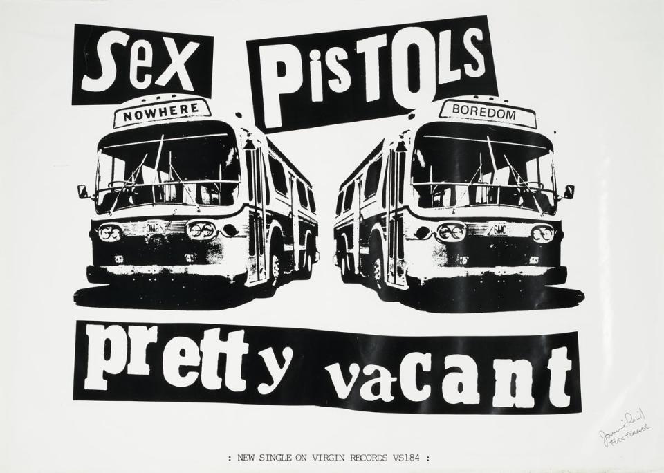 Lot 37, Jamie Reid _ Pretty Vacant, promotional poster, 1 July 1977, est £1,500- 2,000 (Sotheby’s/PA)