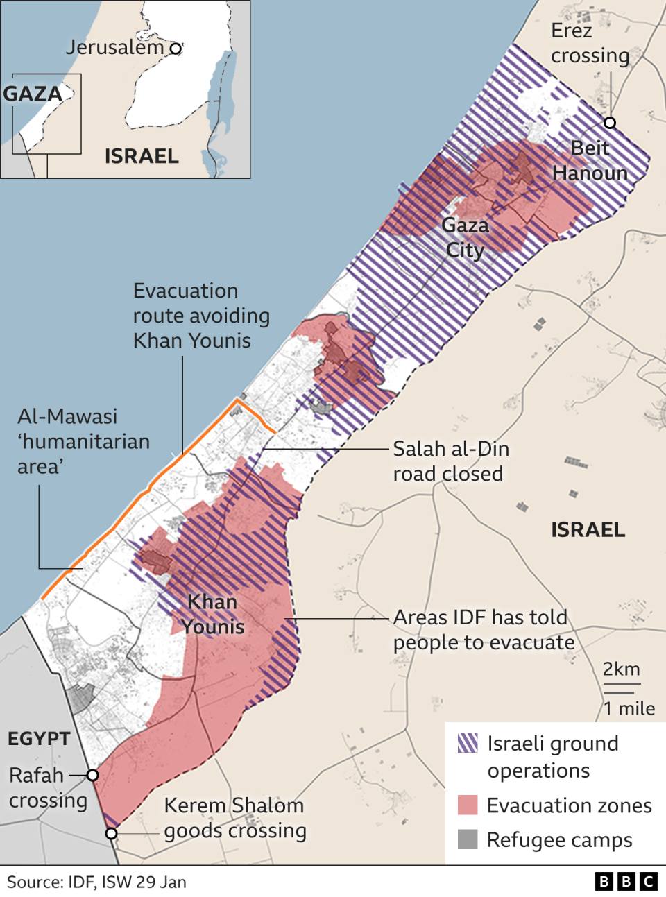 Map of Gaza showing IDF ground operations areas, evacuation zones and refugee camps