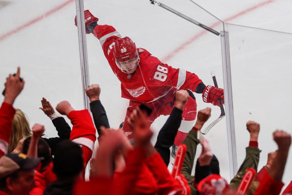 Detroit Red Wings right wing Patrick Kane (88) celebrates a goal against Buffalo Sabres during the first period at Little Caesars Arena in Detroit on Sunday, April 7, 2024.