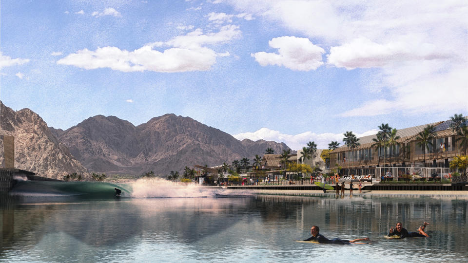 This artist rendering provided by REM Public Relations shows a rendering of a proposed Coral Mountain Resort with a large human-made surf lagoon that is proposed for the region around Palm Springs, Calif. Hours from the California coast, surfers are hoping one of the next spots where they can catch a wave is in the hot, dry desert where summer temperatures often soar above 100 degrees. (CCY Architects/REM Public Relations via AP)