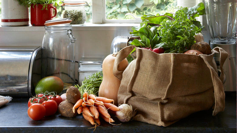 canvas shopping bag and groceries