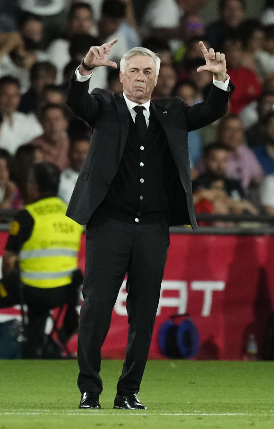 Real Madrid's head coach Carlo Ancelotti reacts during the Copa del Rey soccer final between Real Madrid and Osasuna at La Cartuja stadium in Seville, Spain, Saturday, May 6, 2023. (AP Photo/Jose Breton)