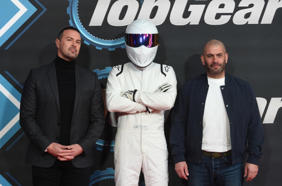 LONDON, ENGLAND - JANUARY 20: Paddy McGuinness, The Stig and Chris Harris attend the "Top Gear" World TV Premiere at Odeon Luxe Leicester Square on January 20, 2020 in London, England. (Photo by Stuart C. Wilson/Getty Images)