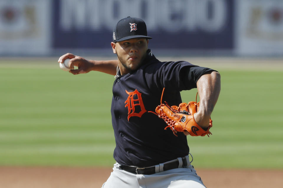 Detroit Tigers pitcher Joe Jimenez throws during an intrasquad baseball game, Friday, July 10, 2020, in Detroit. (AP Photo/Carlos Osorio)