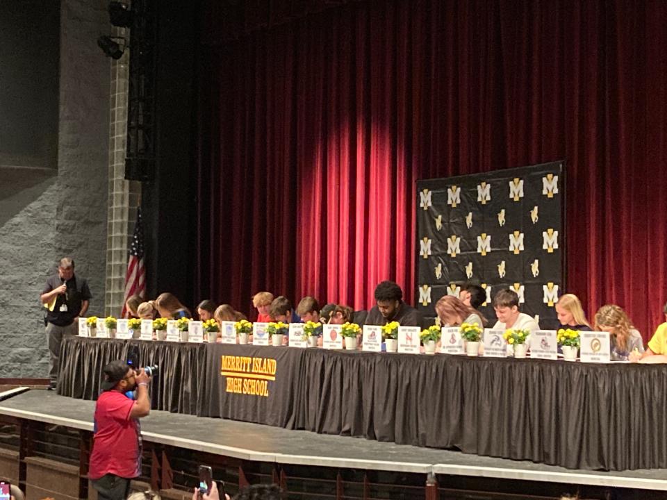 Merritt Island high school held a signing ceremony for 15 student athletes on April 3, 2024.