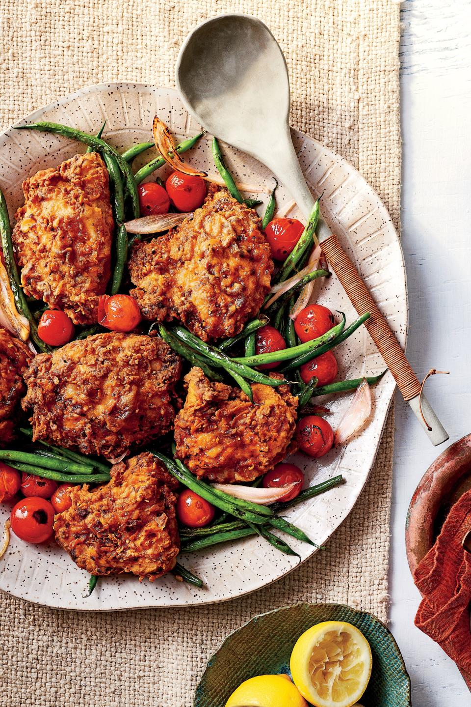 Lighter Pan-Fried Chicken with Green Beans and Tomatoes