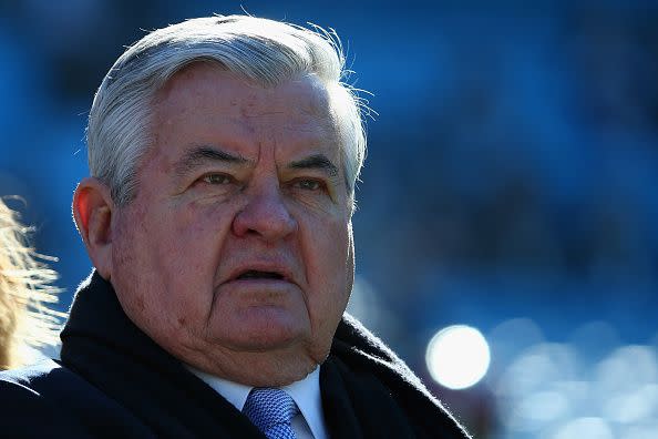 CHARLOTTE, NC - DECEMBER 14: Carolina Panthers owner Jerry  Richardson on the field before the game against the Tampa Bay Buccaneers  at Bank of America Stadium on December 14, 2014 in Charlotte, North  Carolina.  (Photo by Streeter Lecka/Getty Images)