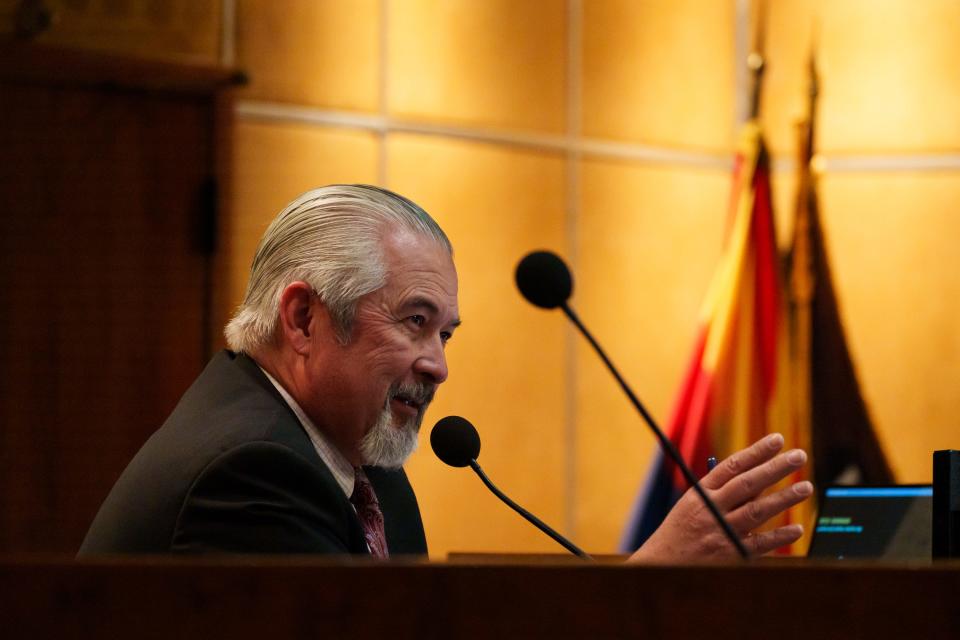 District 28 Republican Sen. Frank  Carroll leads discussion during an open session on March 20, 2023, at the State Capitol in Phoenix. Carroll is sponsor of SB 1361, a companion bill to Rep. Matt Gress' sober living bill.