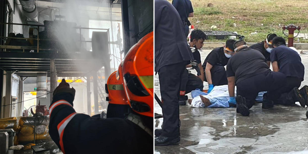 SCDF officers putting out the fire at the unit in the Platinum@Pioneer building (left) and assisting an injured worker (right). (PHOTOS: SCDF)