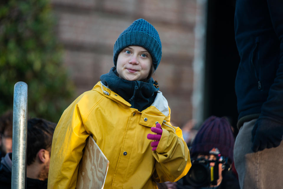 The Swedish activist Greta Thunberg speaks in Piazza Castello during the Friday for future in Turin, Italy on December 13, 2019. (Photo by Alberto Gandolfo/Pacific Press/Sipa USA)