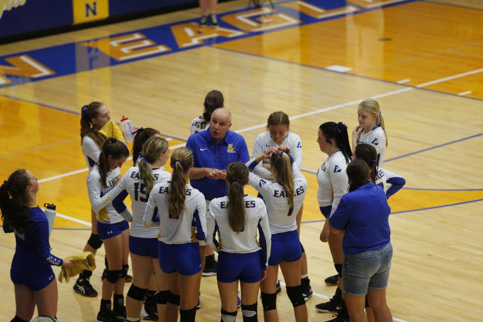 Lincoln High School volleyball was the first Golden Eagles team to play on the gymnasium's new court, upsetting Blue River 3-1 on Thursday, Aug. 26, 2021.