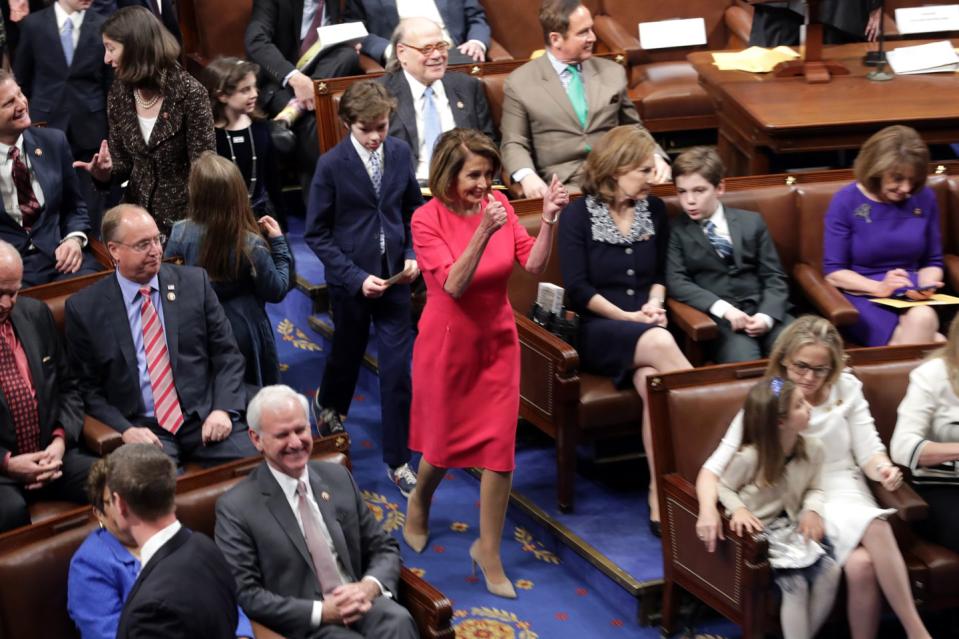 <p>House Speaker Nancy Pelosi enters the chamber. Pelosi is the only woman to ever become speaker of the House.</p>