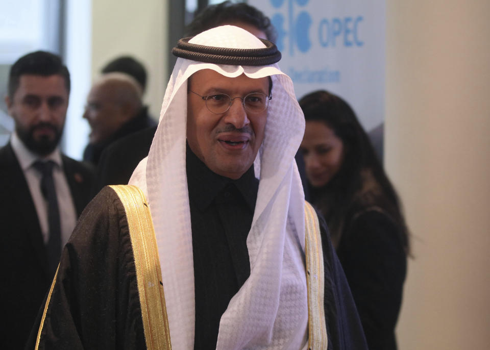 Prince Abdulaziz bin Salman Al-Saud, Minister of Energy of Saudi Arabia, arrives for a meeting of the Organization of the Petroleum Exporting Countries, OPEC at their headquarters in Vienna, Austria, Thursday, Dec. 5, 2019. (AP Photo/Ronald Zak)