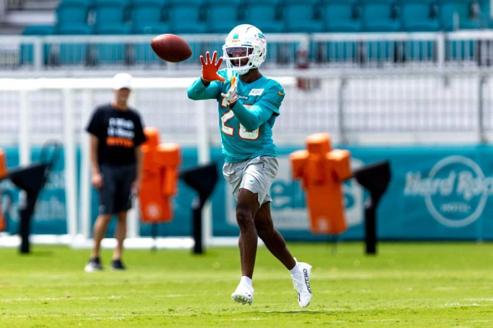 Miami Dolphins cornerback Justin Bethel (20) makes a catch during 2023 Miami Dolphins Mandatory Minicamp at Baptist Health Training Complex in Miami Gardens, Florida, on Thursday, June 8, 2023.