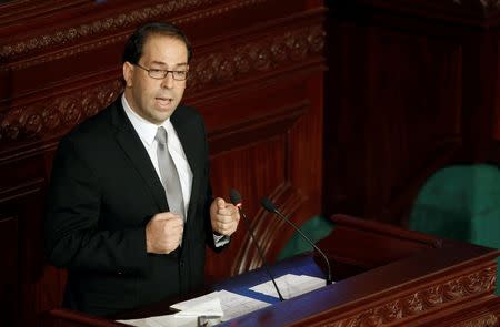 Tunisia's Prime Minister designate Youssef Chahed speaks at the Assembly of People's Representatives in Tunis, Tunisia August 26, 2016. REUTERS/Zoubeir Souissi