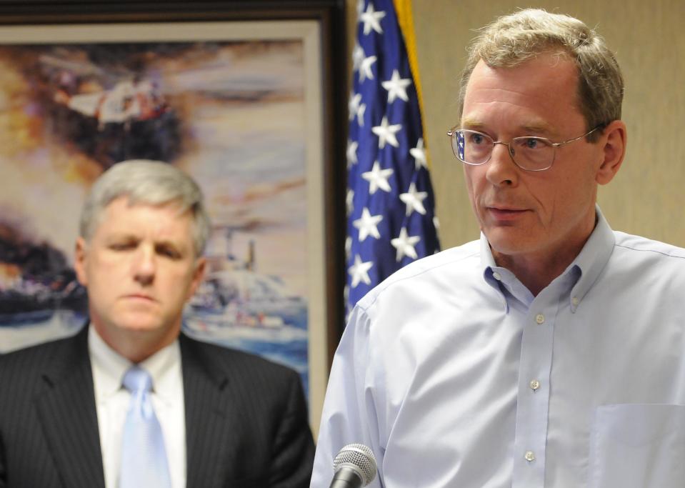 FILE - In this April 22, 2010 file photo, David Rainey, BP's vice president for Gulf of Mexico production, speaks to the media in New Orleans about the ongoing operations surrounding the Deepwater Horizon mobile offshore drilling unit explosion. Rainey, was indicted on Thursday, Nov. 15, 2012, on counts of obstruction of Congress and false statements. The indictment claims the former executive lied to federal investigators when they asked him how he calculated a flow rate estimate for BP's blown-out well in the days after the disaster. (AP Photo/Cheryl Gerber, File)