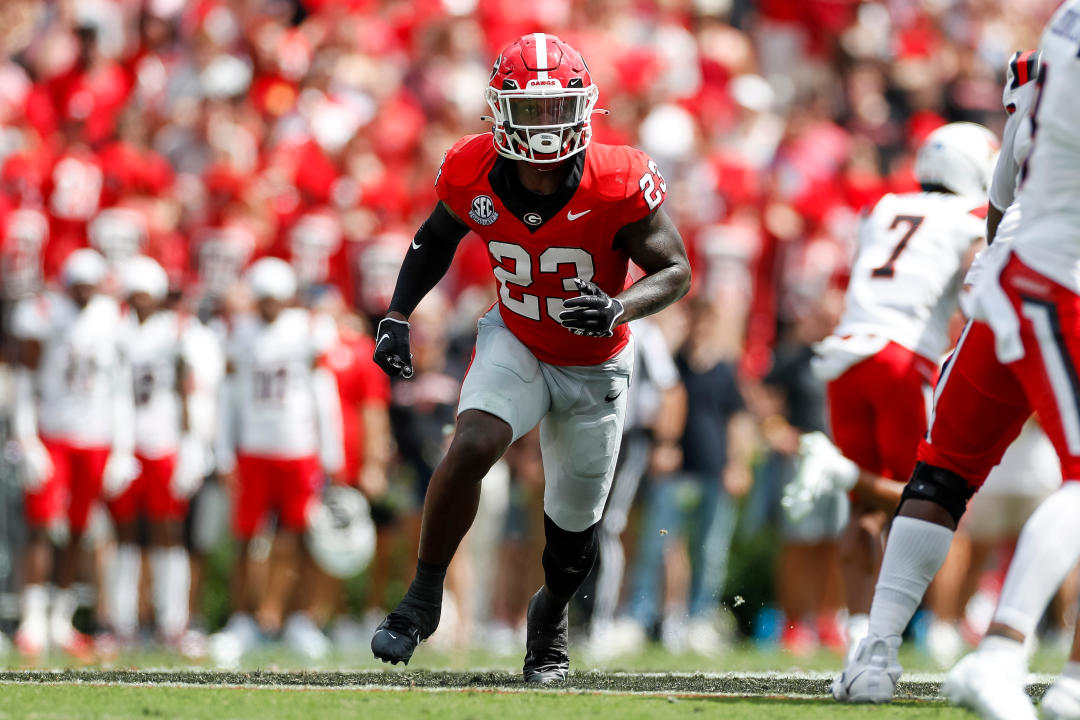 ATHENS, GEORGIA - SEPTEMBER 9: Tykee Smith #23 of the Georgia Bulldogs rushes during a game against the Ball State Cardinals at Sanford Stadium on September 9, 2023 in Athens, Georgia. (Photo by Brandon Sloter/Image Of Sport/Getty Images)