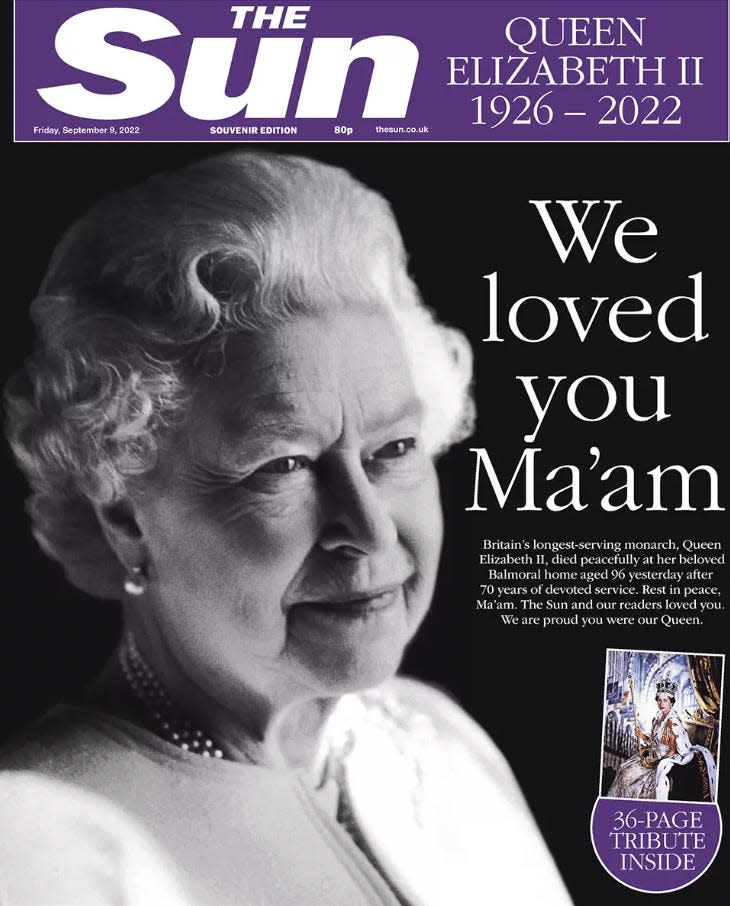 The Sun front page on September 9, 2022, marking the death of Queen Elizabeth II.