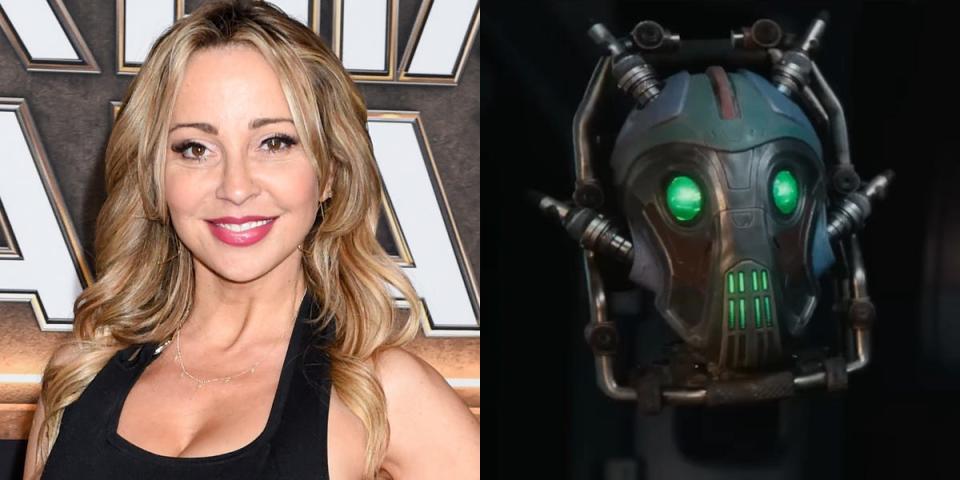 On the left: Tara Strong at the LA premiere of "Guardians of the Galaxy Vol. 3" in April 2023. On the right: Mainframe, voiced by Strong, in "Guardians of the Galaxy Vol. 3"