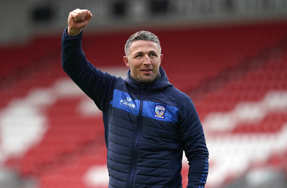 Warrington Wolves head coach Sam Burgess celebrates following the Betfred Challenge Cup quarter-final match at the Totally Wicked Stadium, St Helens. Picture date: Sunday April 14, 2024. (Photo by Martin Rickett/PA Images via Getty Images)