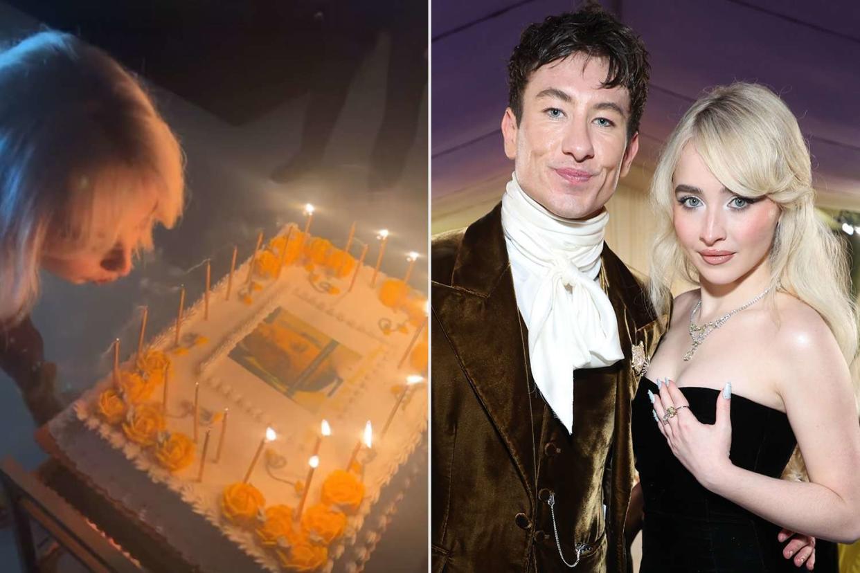 <p>Ice Spice/Instagram;Getty</p> Sabrina Carpenter with her cake and boyfriend Barry Keoghan