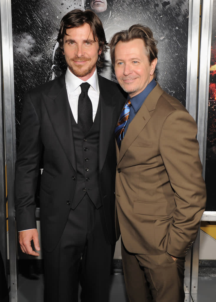 Christian Bale and Gary Oldman arrive at the New York City premiere of "The Dark Knight Rises" on July 16, 2012.