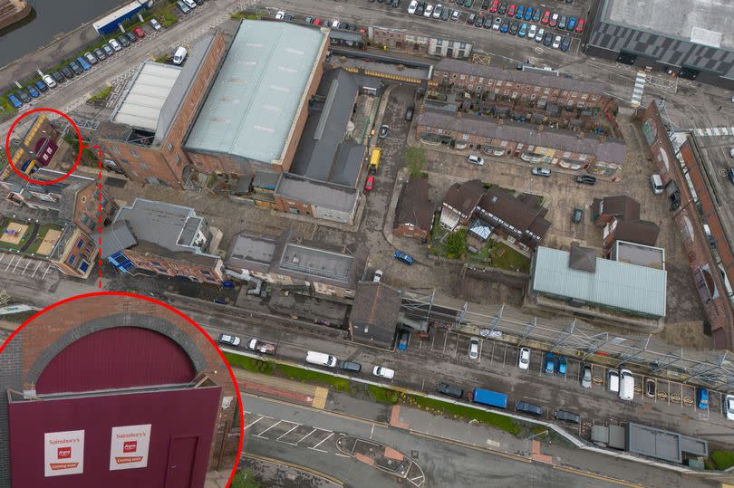An aerial view of the Salford-based set and where the new shop front will be found -Credit:SplashNews.com