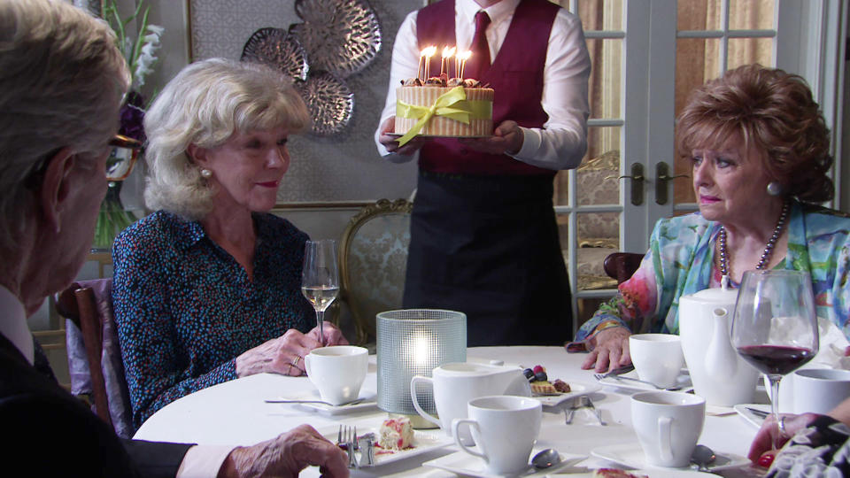 FROM ITV

STRICT EMBARGO - No Use Before Tuesday 9th August 2022

Coronation Street - 1071718

Monday 15th August 2022

Over afternoon tea, Audrey Roberts [SUE NICHOLLS] is attention is drawn to the arrival of Claudia Colby [RULA LENSKA] and Charles [MICHAEL ELWYN] in the hotel dining room. As Claudia rows with Charles, sheâ€™s amazed when Ken Barlow [WILLIAM ROACHE], Audrey and Rita Tanner [BARBARA KNOX] pop out from where theyâ€™ve been eavesdropping. As they comfort Claudia, Rita remembers it was Audreyâ€™s birthday recently. Audrey announces, out of the blue, that she tried to kill herself recently. 

Picture contact - David.crook@itv.com

This photograph is (C) ITV Plc and can only be reproduced for editorial purposes directly in connection with the programme or event mentioned above, or ITV plc. Once made available by ITV plc Picture Desk, this photograph can be reproduced once only up until the transmission [TX] date and no reproduction fee will be charged. Any subsequent usage may incur a fee. This photograph must not be manipulated [excluding basic cropping] in a manner which alters the visual appearance of the person photographed deemed detrimental or inappropriate by ITV plc Picture Desk. This photograph must not be syndicated to any other company, publication or website, or permanently archived, without the express written permission of ITV Picture Desk. Full Terms and conditions are available on  www.itv.com/presscentre/itvpictures/terms
