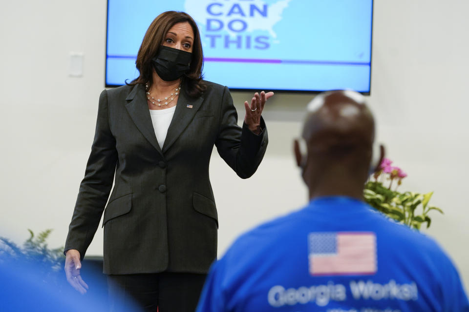 Vice President Kamala Harris speaks at a COVID-19 vaccine pop-up center at Ebenezer Baptist Church, Friday, June 18, 2021, in Atlanta. (AP Photo/Jacquelyn Martin)