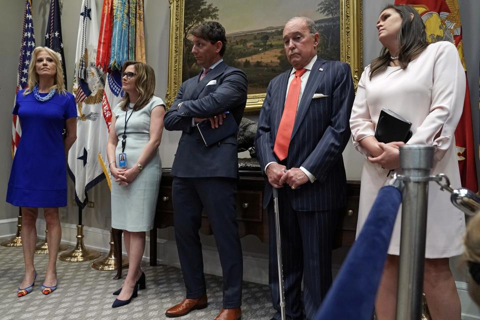 WASHINGTON, DC - MAY 23:  (L-R) Counselor to the President Kellyanne Conway, White House Director of Strategic Communications Mercedes Schlapp, Deputy Press Secretary Hogan Gidley, Director of the National Economic Council Larry Kudlow and Press Secretary Sarah Huckabee Sanders were all called on by President Donald Trump to attest to his demeanor during a Wednesday meeting with Congressional Democrats during an event with farmers and ranchers in the Roosevelt Room at the White House May 23, 2019 in Washington, DC.  (Photo by Chip Somodevilla/Getty Images)