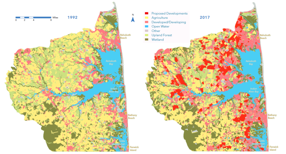 A graphic from the 2021 "State of the Bays" report shows land use changes in the Inland Bays' watershed.