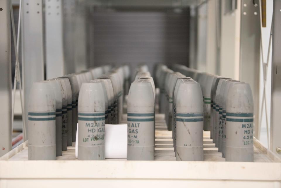 Chemical munitions sit in rows waiting to continue the destruction process at the Pueblo Chemical Agent-Destruction Pilot Plant (PCAPP) on Thursday, June 8, 2023.