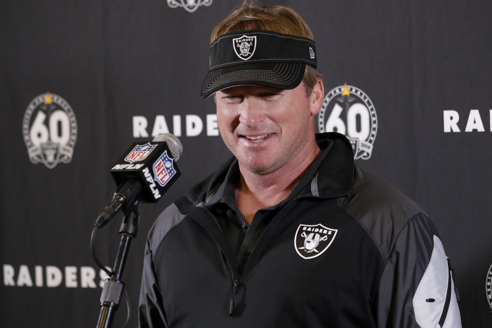 FILE - In this Dec. 22, 2019, file photo, Oakland Raiders head coach Jon Gruden speaks during a news conference after an NFL football game against the Los Angeles Chargers in Carson, Calif. The NFL Draft is April 23-25, 2020. (AP Photo/Marcio Jose Sanchez, Fle)