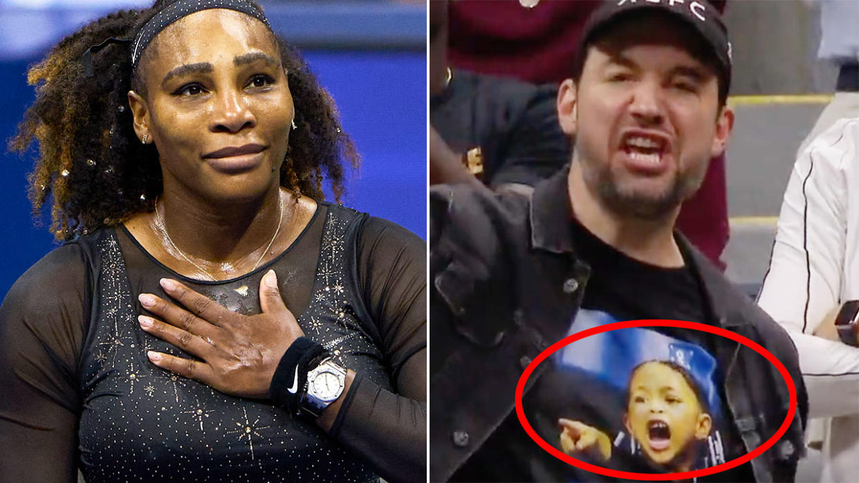 Serena Williams' husband Alexis Ohanian was leading the cheers for his wife while wearing a t-shirt featuring the couple's daughter Olympia. Pic: Getty/US Open Tennis